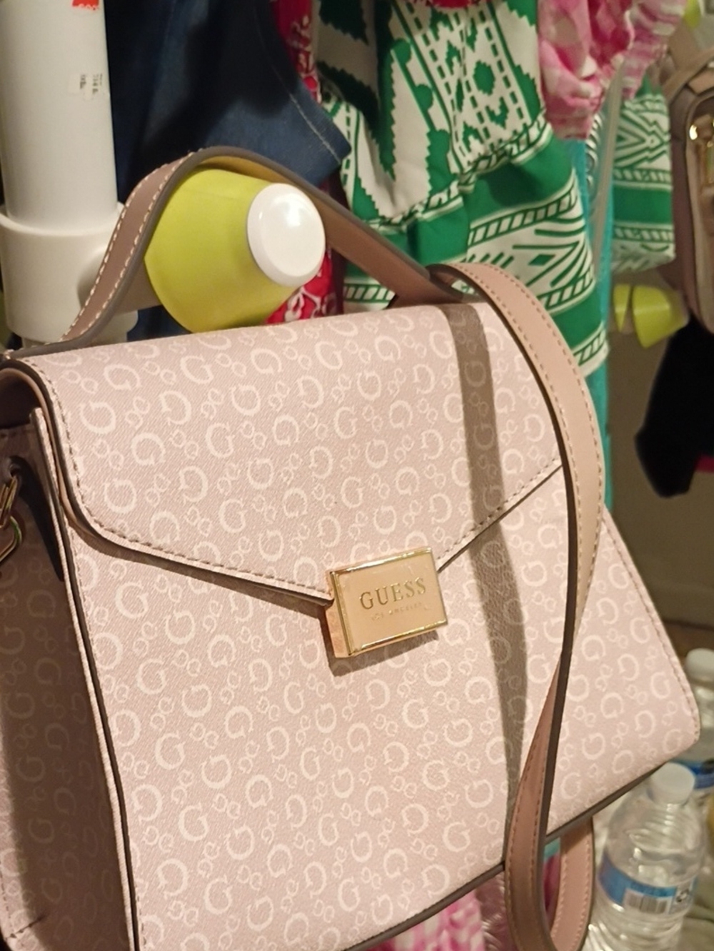GUESS Pink Logo-Print Structured Top-Handle Satchel with Gold Plaque